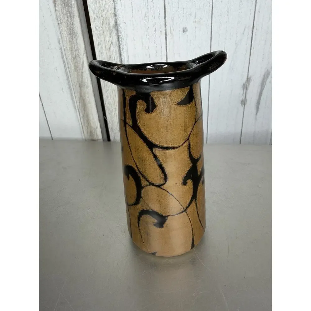 Hand Thrown Pottery Mini Vase With Handles Brown Orange Swirl 6in